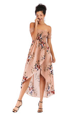 Load image into Gallery viewer, Off-the-shoulder Asymmetrical Hem Shirred Floral Dress
