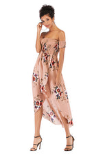 Load image into Gallery viewer, Off-the-shoulder Asymmetrical Hem Shirred Floral Dress
