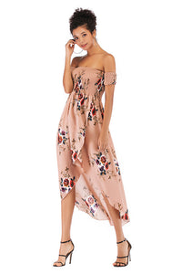 Off-the-shoulder Asymmetrical Hem Shirred Floral Dress