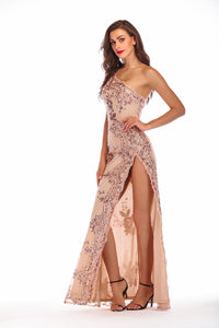 One Shoulder Sequined Thigh-high Slit Prom Dress