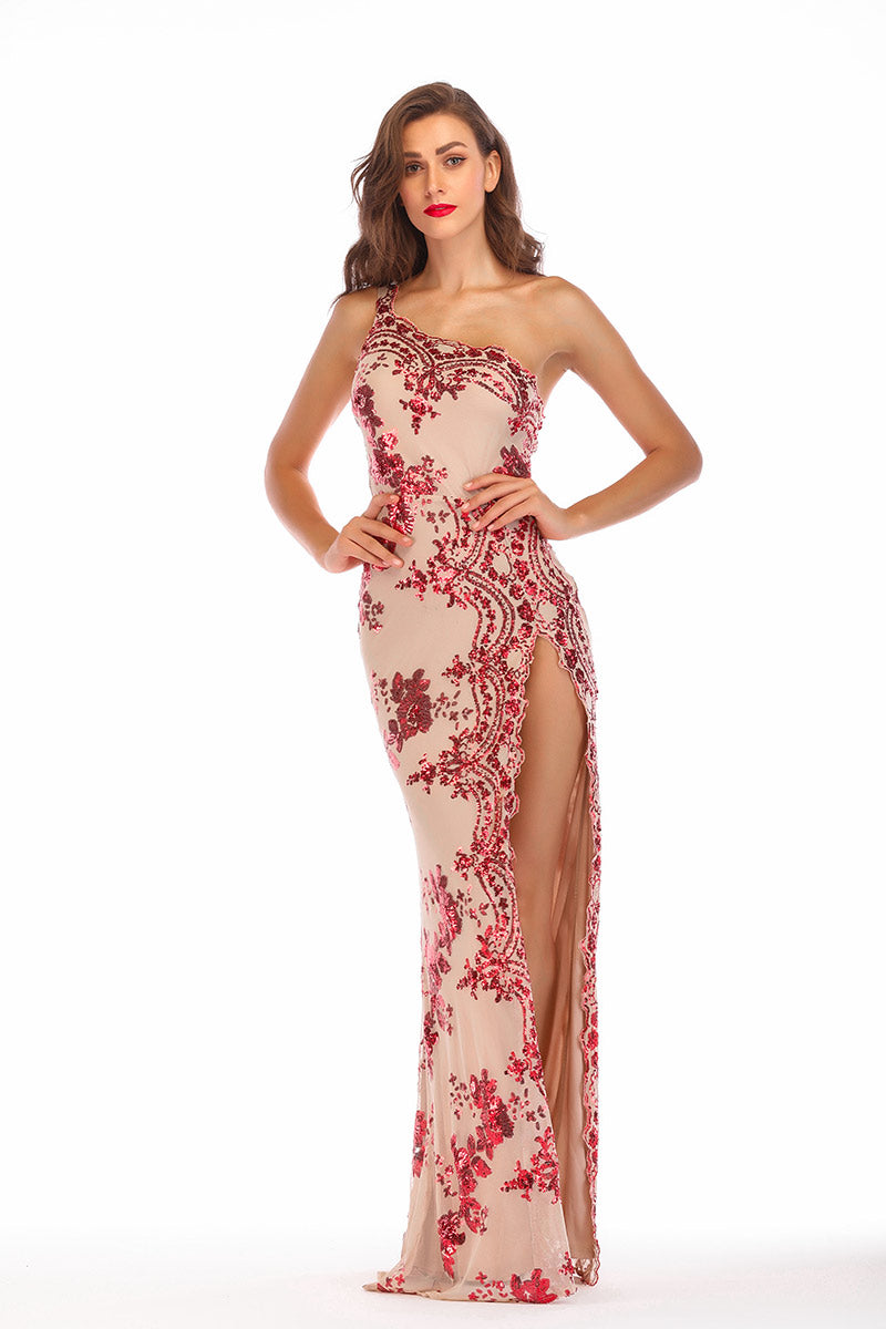 One Shoulder Sequined Thigh-high Slit Prom Dress