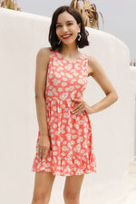 Load image into Gallery viewer, Orange Floral Print Sleeveless Ruffled Dress
