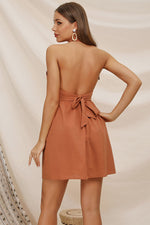 Load image into Gallery viewer, Orange Halter &amp; Lace-up Buttoned Short Dress
