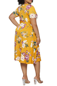 Women's Plus Size Short Sleeve Faux Wrap Floral Dress with Belt