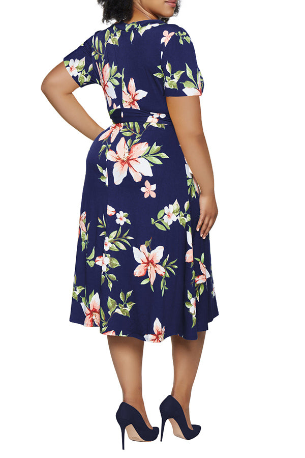 Women's Plus Size Short Sleeve Faux Wrap Floral Dress with Belt