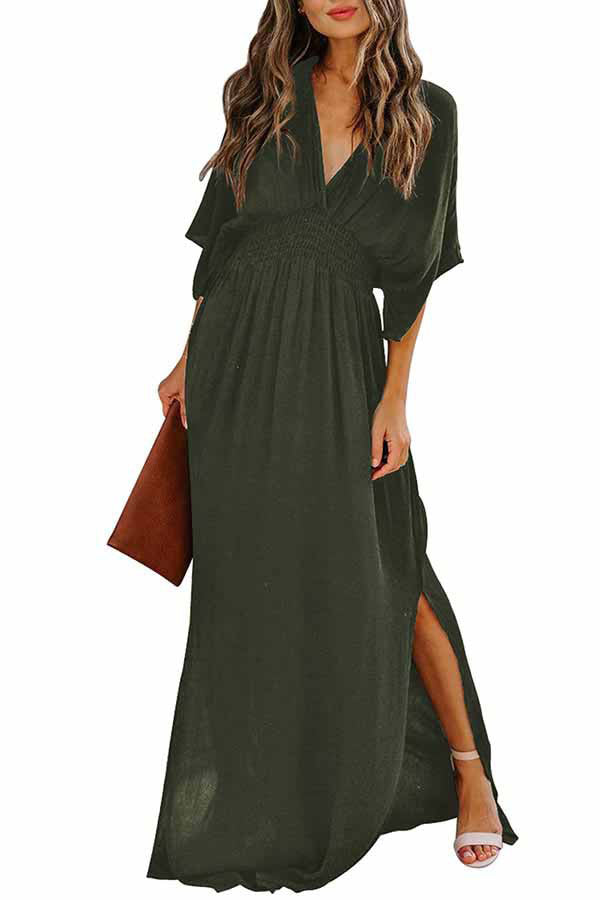 Women's V Neck Smocked Maxi Dress Casual Long Sleeve Dress