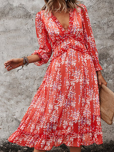 Womens Long Sleeve V Neck Ruffle Floral Midi Dress Sun Dresses