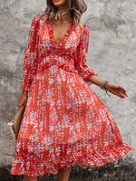 Load image into Gallery viewer, Womens Long Sleeve V Neck Ruffle Floral Midi Dress Sun Dresses
