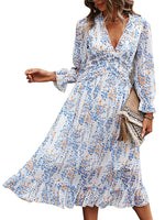 Load image into Gallery viewer, Womens Long Sleeve V Neck Ruffle Floral Midi Dress Sun Dresses

