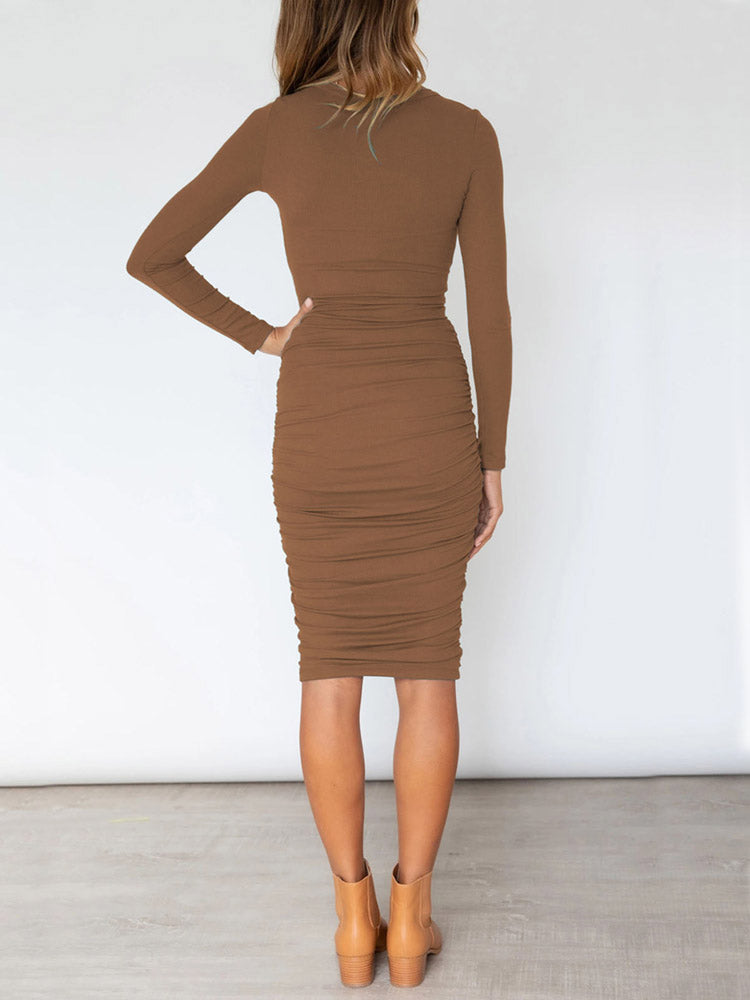 Long Sleeve Knee Length Ruched Bodycon Dress with Belt