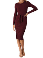 Load image into Gallery viewer, Long Sleeve Knee Length Ruched Bodycon Dress with Belt
