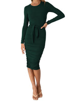 Load image into Gallery viewer, Long Sleeve Knee Length Ruched Bodycon Dress with Belt
