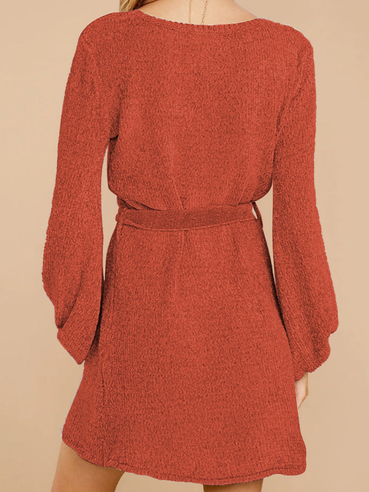 Women's Sweater Dress Mock Neck Lantern Long Sleeve Dresses with Belt