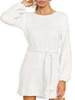 Load image into Gallery viewer, Women&#39;s Sweater Dress Mock Neck Lantern Long Sleeve Dresses with Belt
