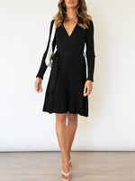Load image into Gallery viewer, Women&#39;s Long Sleeve Wrap V Neck Mini Dress Ribbed Knit Dress with Tie
