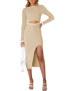Women's Long Sleeves Ribbed Knit Sweater Midi Dress Cut Out Bodycon Tank Midi Dress