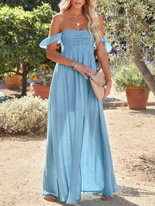 Womens Off the Shoulder Smocked Maxi Dress with Slit