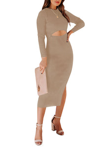 Women's Cut Out Long Sleeve Bodycon Midi Dress Ribbed Knit Sweater Dress