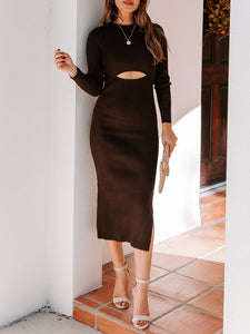 Women's Cut Out Long Sleeve Bodycon Midi Dress Ribbed Knit Sweater Dress