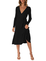 Load image into Gallery viewer, Women&#39;s Long Sleeve Midi Dress Wrap Pleated Sweater Dresses
