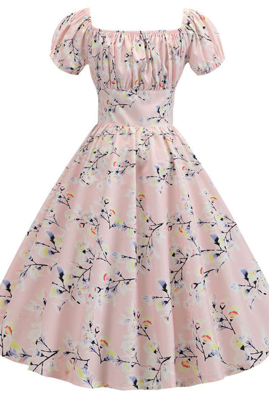 Pearl Pink A-Line Short Sleeve Print Swing Dress