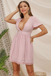 Pink Deep V-neck Lace Panel Short Dress