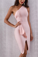 Load image into Gallery viewer, Pink One Shoulder Lace-up Sleeveless Bandage Dress
