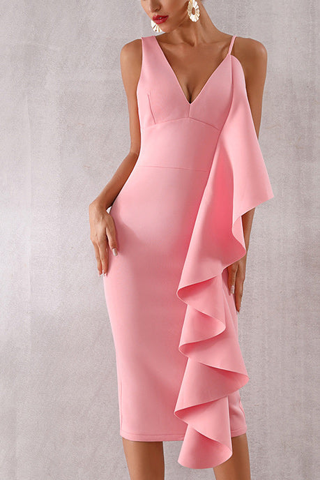 Pink Ruffle Trim Sleeveless Bodycon Party Dress