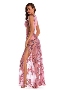 Pink V Neck Sequined Thigh-high Slit Cut Out Prom Dress