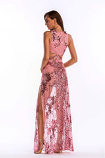 Load image into Gallery viewer, Pink V Neck Sequined Thigh-high Slit Cut Out Prom Dress
