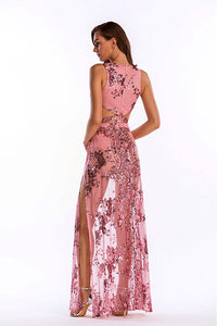 Pink V Neck Sequined Thigh-high Slit Cut Out Prom Dress