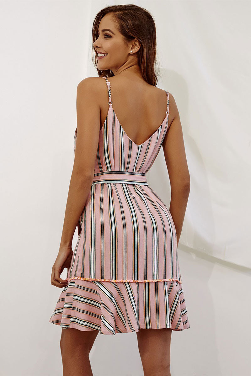 Pink Vertical Striped Ruffle Trim Belted Dress