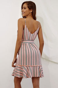 Pink Vertical Striped Ruffle Trim Belted Dress