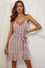 Load image into Gallery viewer, Pink Vertical Striped Ruffle Trim Belted Dress
