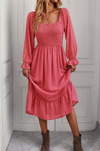 Pink Long Sleeve A-Line Midi Dress