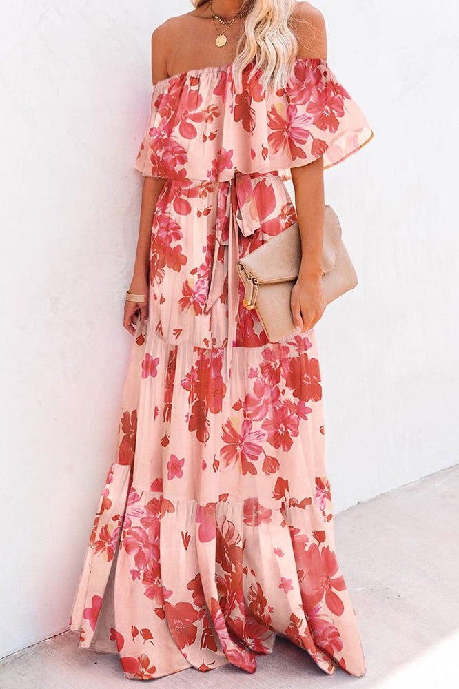 Plus Size Pink Print Off Shoulder Maxi Dress