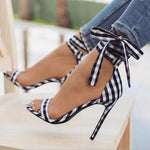 Load image into Gallery viewer, Plaid Open-toe Stiletto Heels Lace-up Sandals
