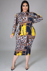 Plus Size Chic Print Long Sleeve Bodycon Dress