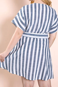 Plus Size Striped Lace-up Buttoned Dress