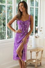 Load image into Gallery viewer, Printed Midi Beach Sweetheart Purple Party Dress
