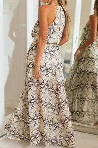 Printed Sleeveless Halter Slit Maxi Dress