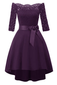 Burgundy Lace Off Shoulder High Low Prom Dress