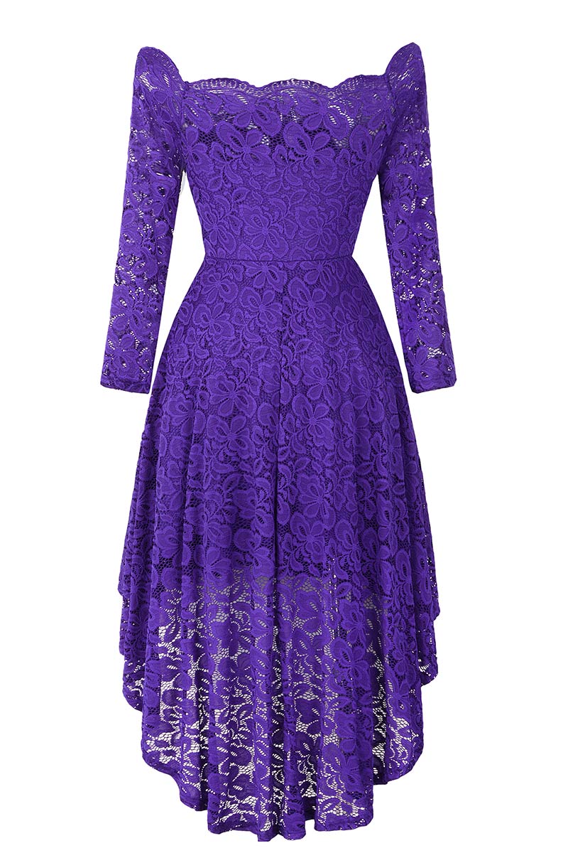 Purple Off-the-shoulder Scalloped High Low Prom Dress