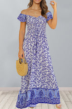 Load image into Gallery viewer, Purple Off-the-Shoulder Floral Maxi Dress
