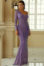Load image into Gallery viewer, Purple One Sleeve Sparkly Evening Gown Formal Dress
