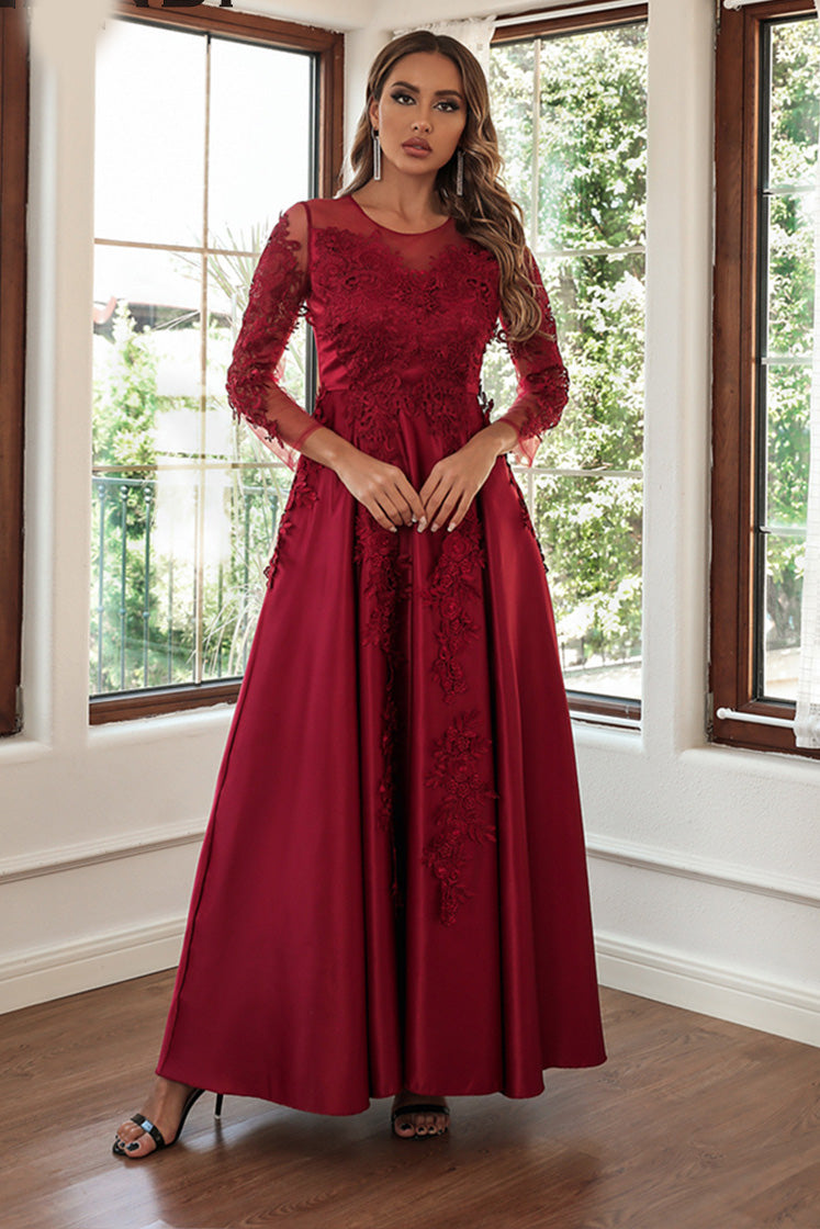 Red Long Sleeves A-Line Applique Prom Formal Dress