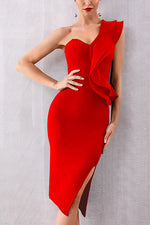 Load image into Gallery viewer, Red One Shoulder Ruffled Bandage Dress
