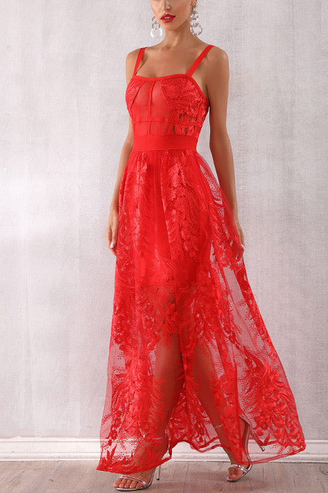Red Sleeveless Lace Bandage Party Dress