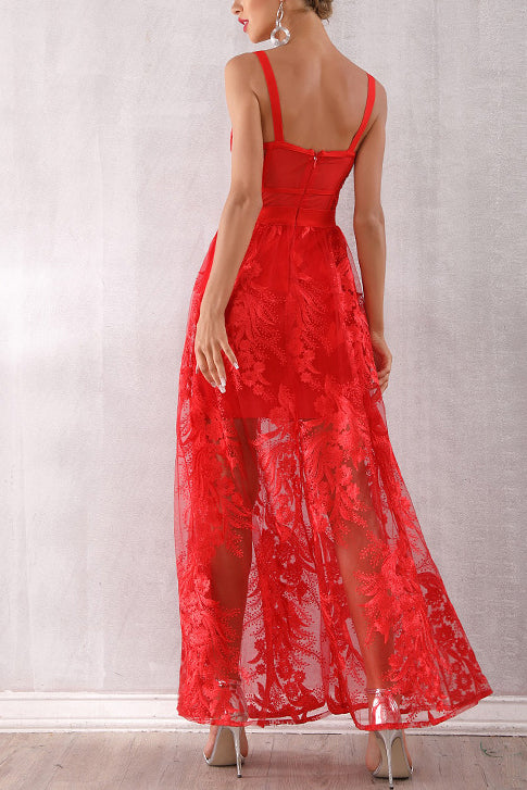 Red Sleeveless Lace Bandage Party Dress