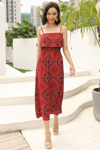 Red Square Print  Backless Long Dress With Spaghetti Straps